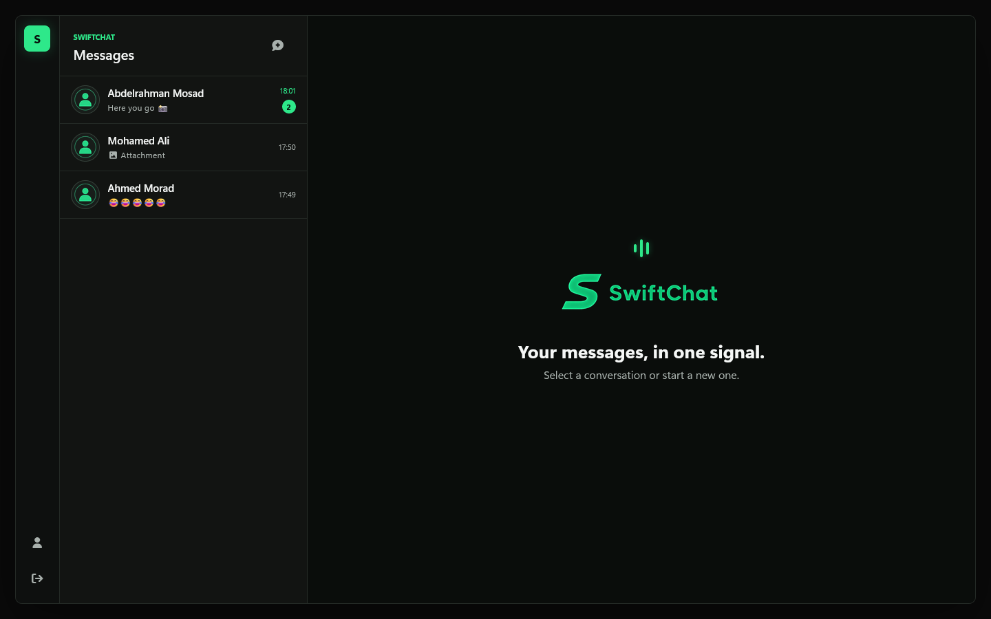 SwiftChat workspace with a conversation list and welcome screen.